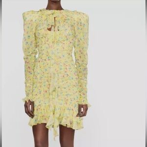 Alessandra Rich Women's Yellow Floral Silk Long Sleeved Mini Dress Size 38
